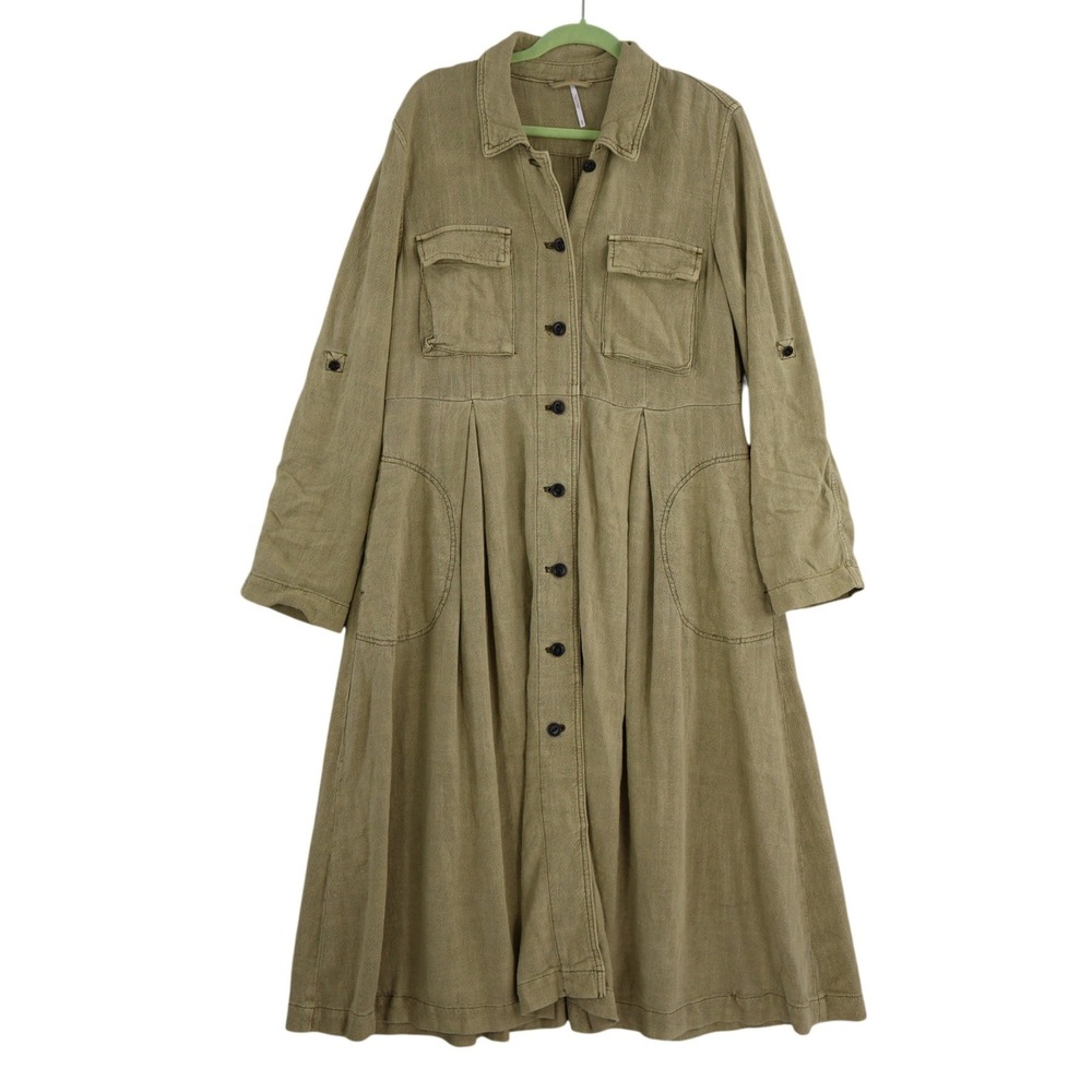 Olive Green Button-Front Utility Shirt Dress
